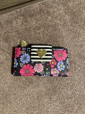Betsey Johnson Black Floral Card Holder with Pink & Purple Blooms
